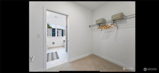 walk in closet featuring light carpet