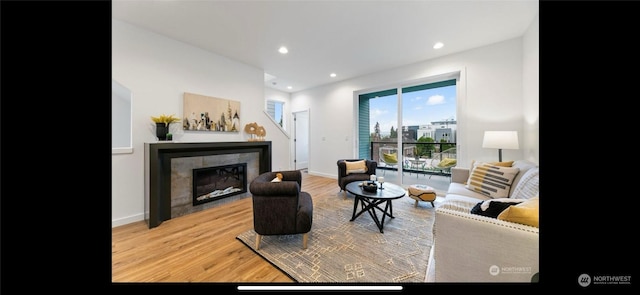 living room with light hardwood / wood-style flooring and a fireplace