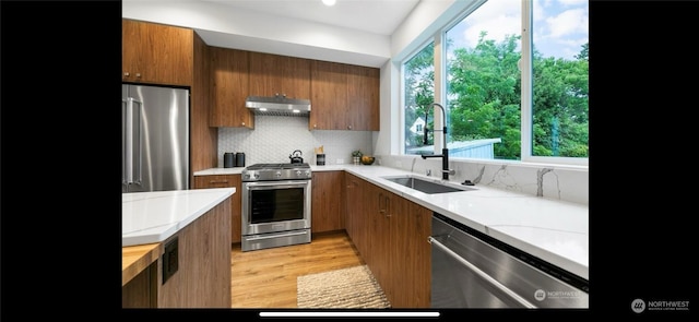 kitchen with premium appliances, plenty of natural light, decorative backsplash, and sink