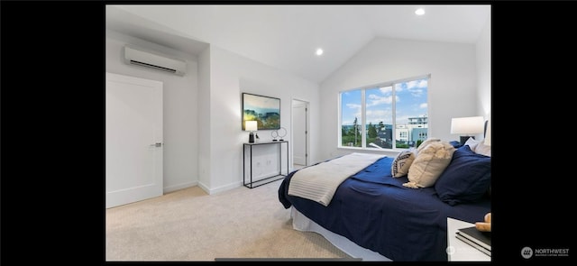 carpeted bedroom with vaulted ceiling and a wall mounted AC