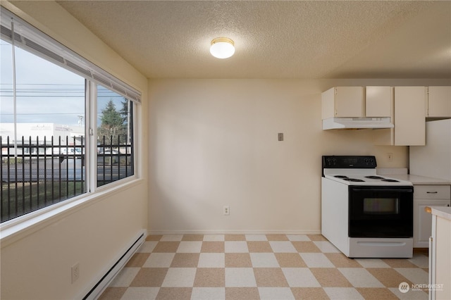 kitchen featuring white cabinetry, white refrigerator, a baseboard heating unit, a textured ceiling, and electric range oven