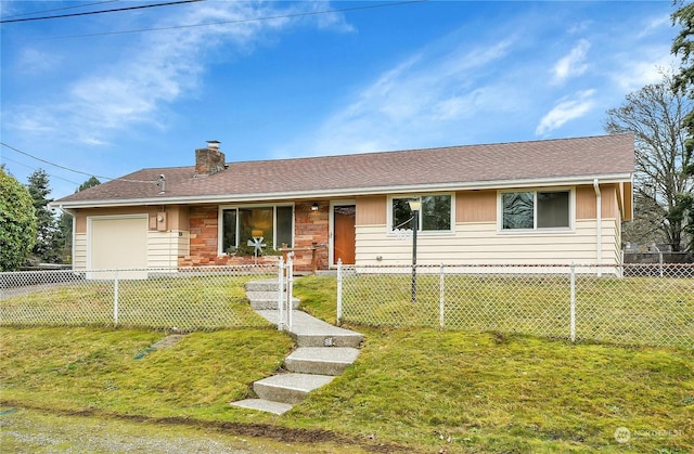 single story home with a garage and a front lawn