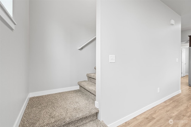 staircase with hardwood / wood-style floors