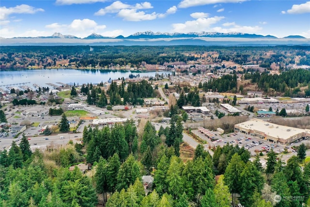 bird's eye view featuring a water and mountain view