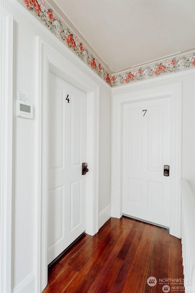 doorway featuring dark hardwood / wood-style floors