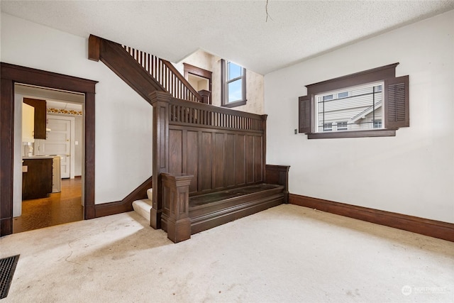 stairs featuring carpet flooring and a textured ceiling