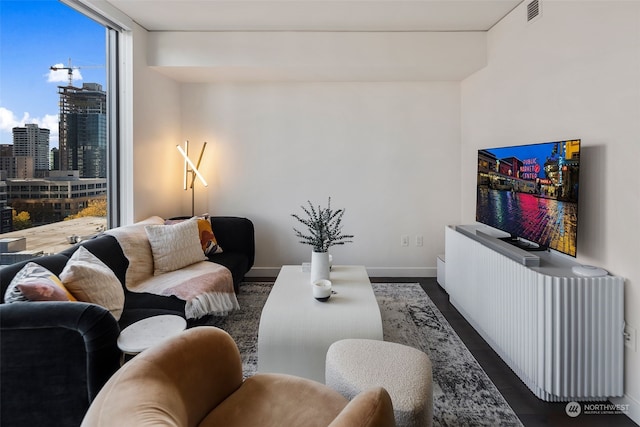 living room featuring dark hardwood / wood-style flooring and a wall of windows