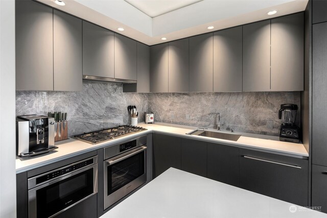 kitchen with appliances with stainless steel finishes, tasteful backsplash, range hood, and sink