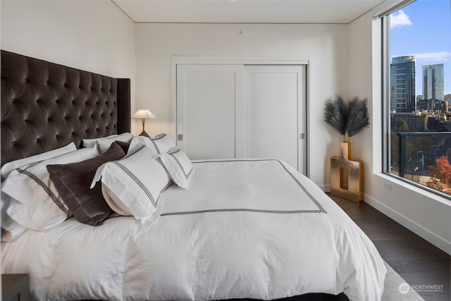 bedroom with a closet and dark hardwood / wood-style flooring