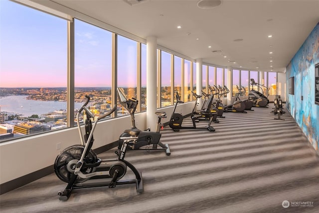 gym featuring a water view