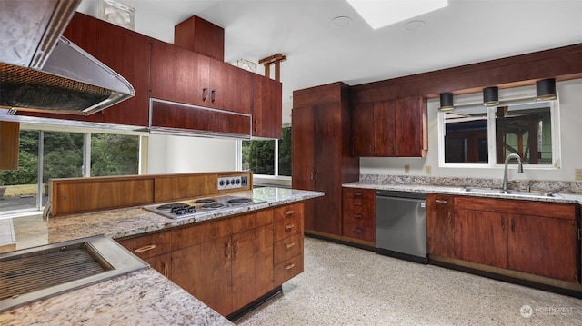 kitchen featuring light stone countertops, dishwasher, sink, white gas stovetop, and extractor fan