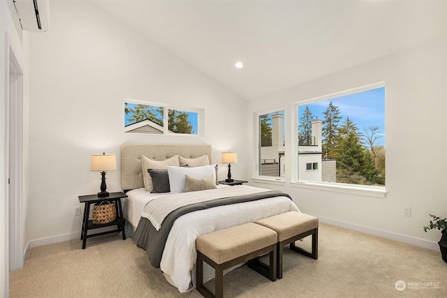 carpeted bedroom featuring high vaulted ceiling and a wall mounted AC