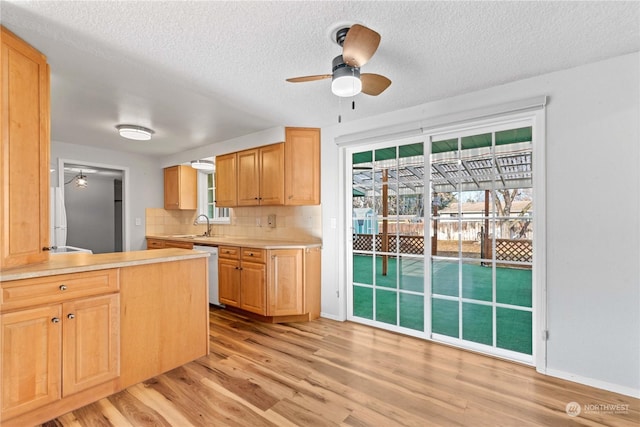 kitchen with dishwashing machine, light brown cabinets, tasteful backsplash, and light hardwood / wood-style flooring