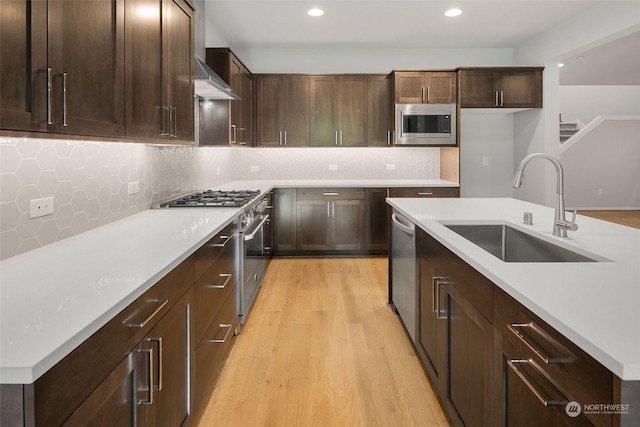 kitchen featuring backsplash, dark brown cabinets, stainless steel appliances, sink, and light hardwood / wood-style flooring