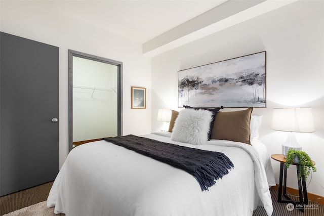 bedroom with a closet, carpet, and a spacious closet