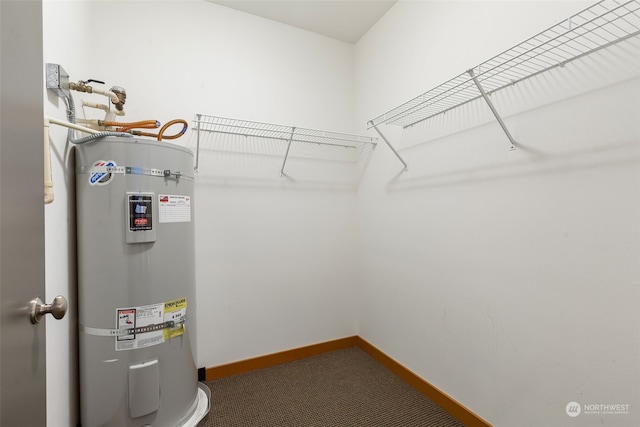 spacious closet featuring strapped water heater and carpet