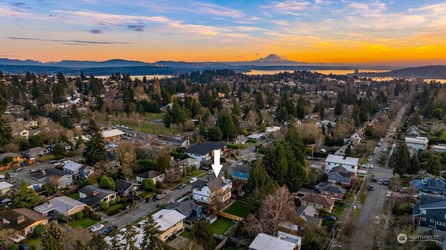 aerial view at dusk with a mountain view