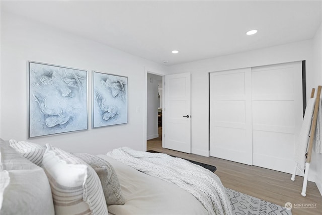 bedroom with wood-type flooring and a closet