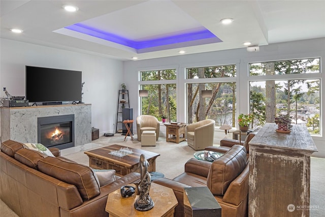 living room featuring a fireplace, a raised ceiling, and light colored carpet