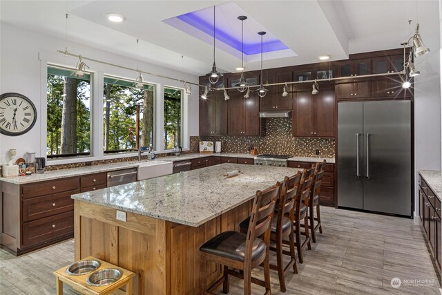 kitchen with a raised ceiling, appliances with stainless steel finishes, light stone countertops, a kitchen island, and dark brown cabinetry