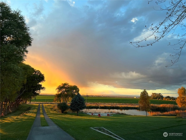 view of community with a water view and a lawn