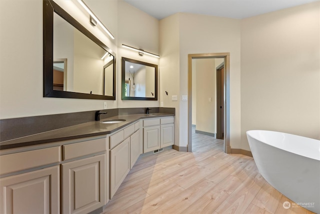 bathroom with a washtub, vanity, and hardwood / wood-style flooring