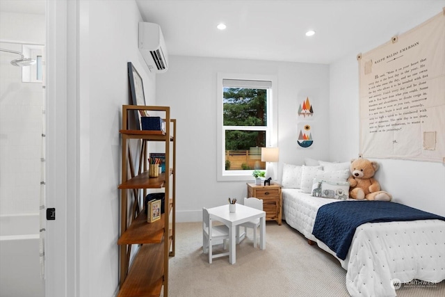 carpeted bedroom with a wall mounted AC