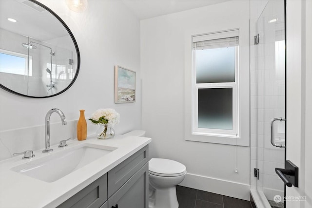 bathroom with tile patterned flooring, vanity, a shower with door, and toilet