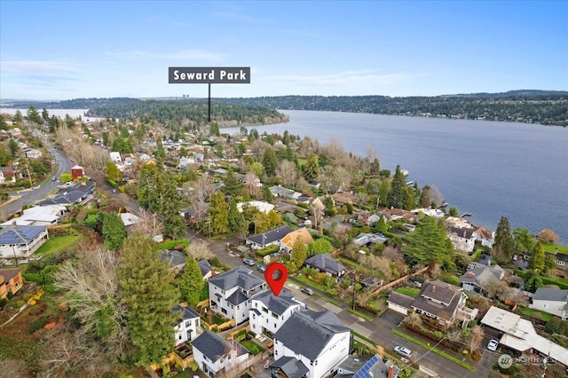 aerial view featuring a water view