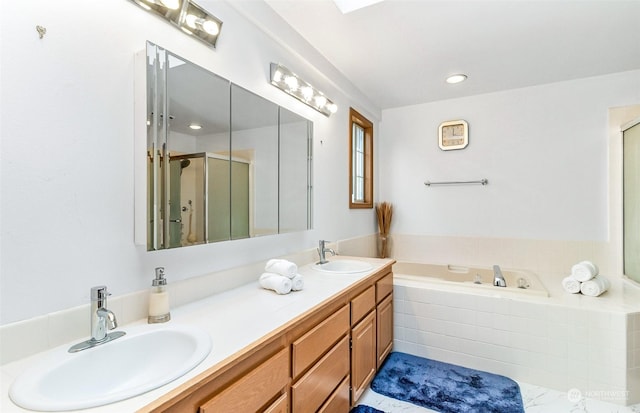 bathroom with vanity and plus walk in shower