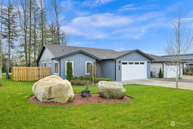 single story home featuring a front yard and a garage