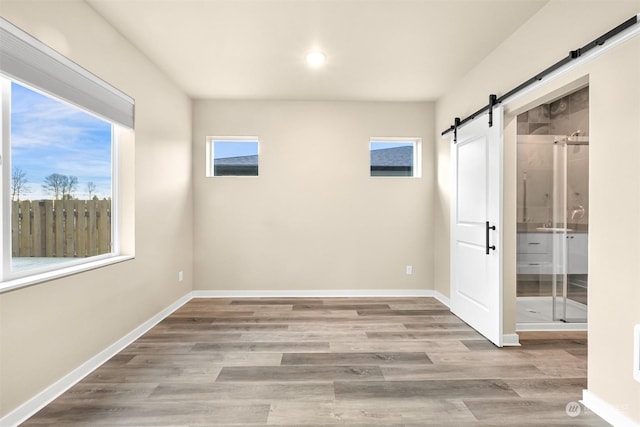 empty room with a barn door, light hardwood / wood-style flooring, and a healthy amount of sunlight