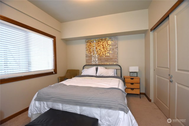 bedroom featuring light colored carpet and a closet