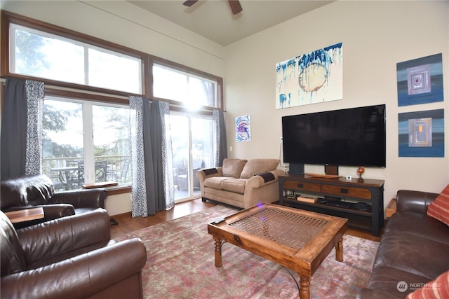 living room with ceiling fan and wood-type flooring