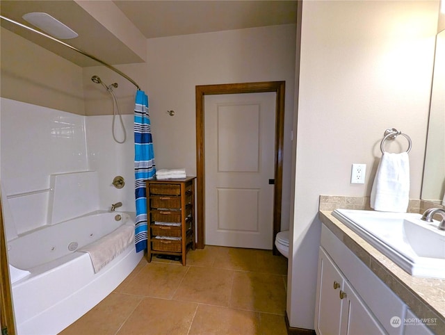 full bathroom with toilet, vanity, shower / tub combo, and tile patterned flooring