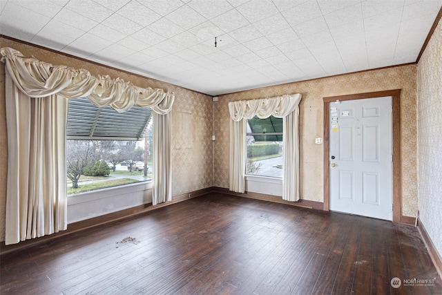 interior space featuring ornamental molding and dark hardwood / wood-style floors