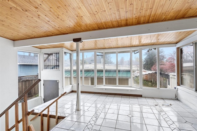 unfurnished sunroom with wood ceiling