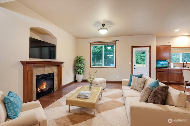 living room with sink, a tile fireplace, and hardwood / wood-style floors