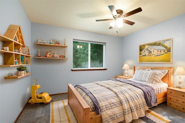 bedroom featuring carpet floors and ceiling fan