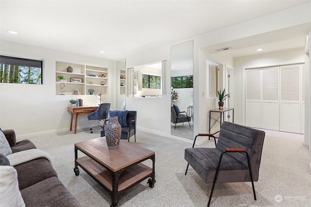 carpeted living room with built in features and a wealth of natural light