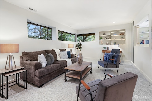 carpeted living room with built in shelves and a wealth of natural light