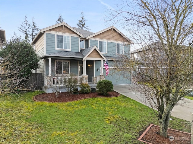 craftsman-style home featuring a front lawn, a porch, and a garage