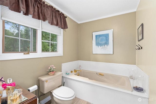 bathroom with a tub to relax in and toilet