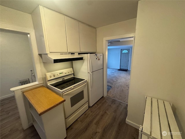 kitchen with dark hardwood / wood-style floors, white cabinetry, white appliances, and ceiling fan