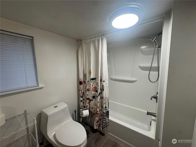 bathroom with shower / bath combo, hardwood / wood-style flooring, toilet, and heating unit