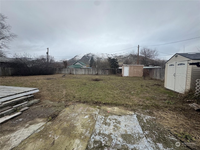 view of yard with a patio area and a storage shed