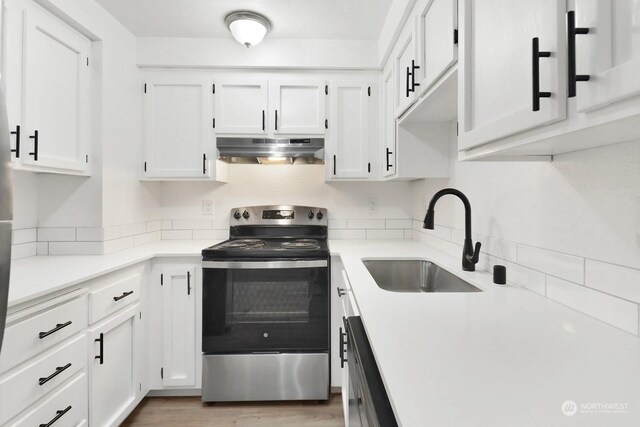 kitchen featuring dishwashing machine, sink, white cabinetry, and stainless steel electric range