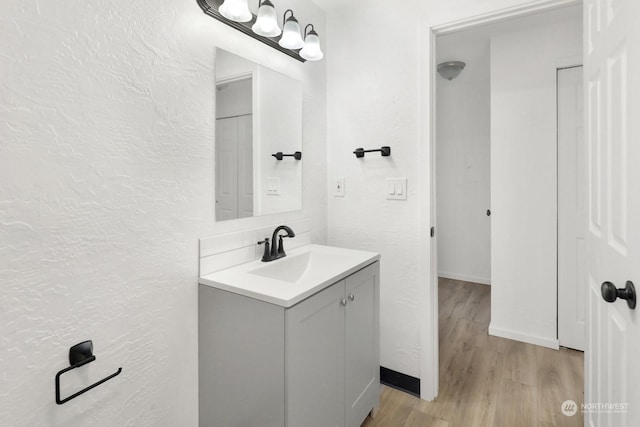 bathroom with vanity and wood-type flooring