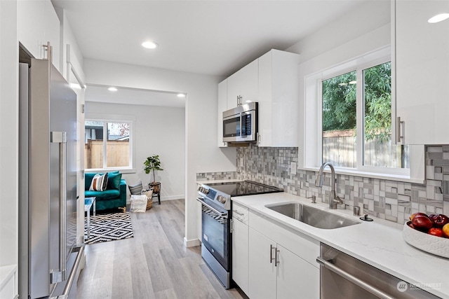 kitchen with appliances with stainless steel finishes, sink, decorative backsplash, and white cabinets