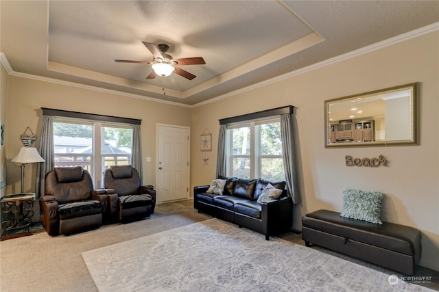 carpeted living room with ceiling fan, a tray ceiling, and crown molding